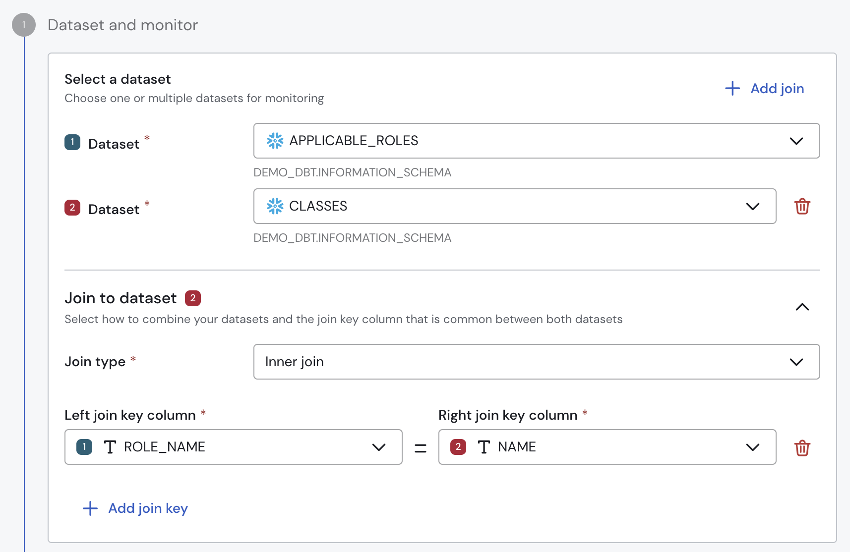Specifying the datasets and the join keys