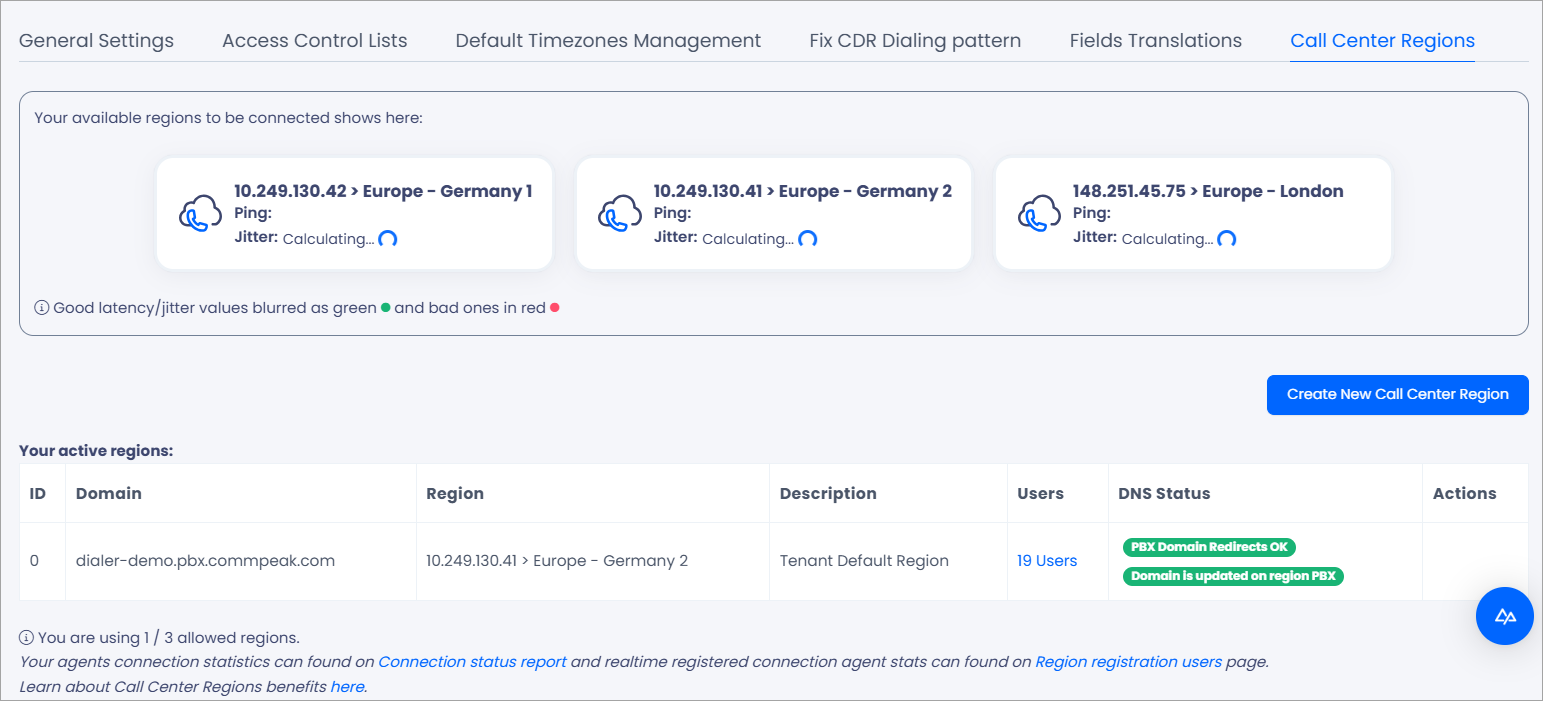 Screenshot of the Call Center Regions tab