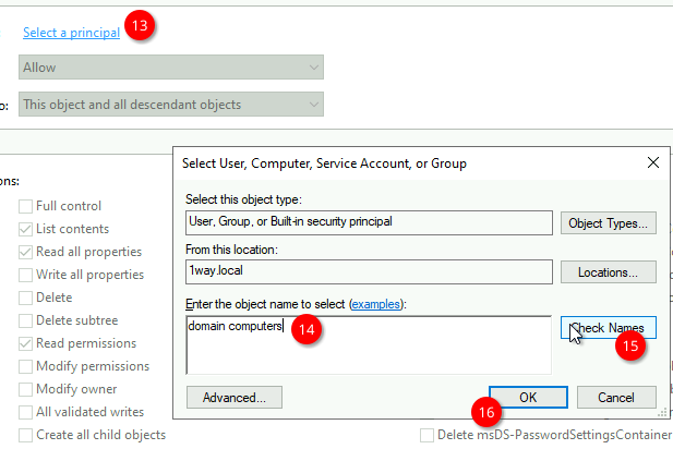 Select User dialog box with "domain computers" entered and Check Names button highlighted.