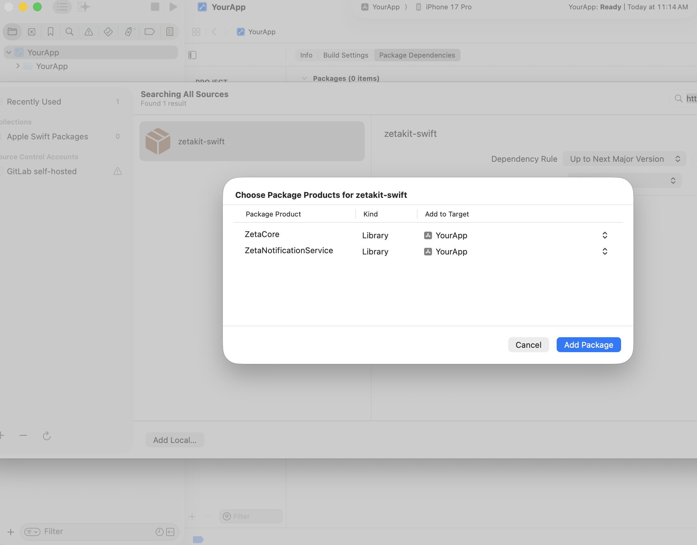 SPM target mapping — ZetaCore to main app, ZetaNotificationService to main app as well as extension