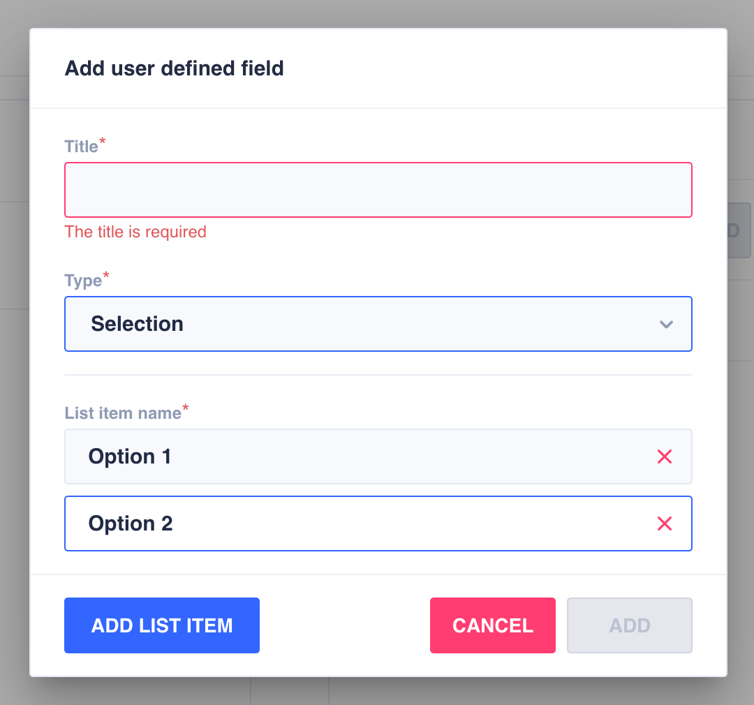 Setting up a selection user-defined field