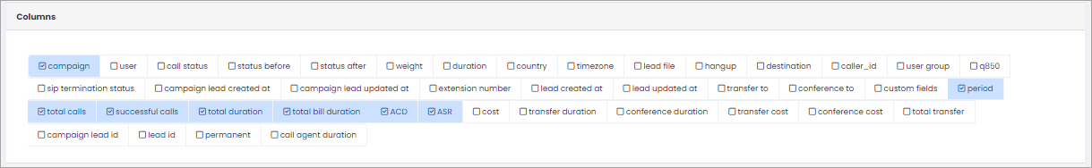 Screenshot of setting columns in the Call Analytics report