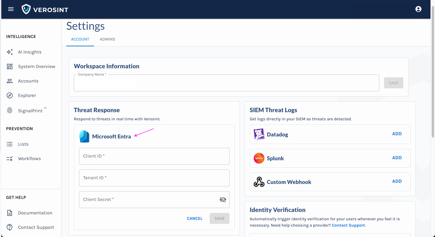 Set up Threat Response for Microsoft Entra on the Verosint Settings page