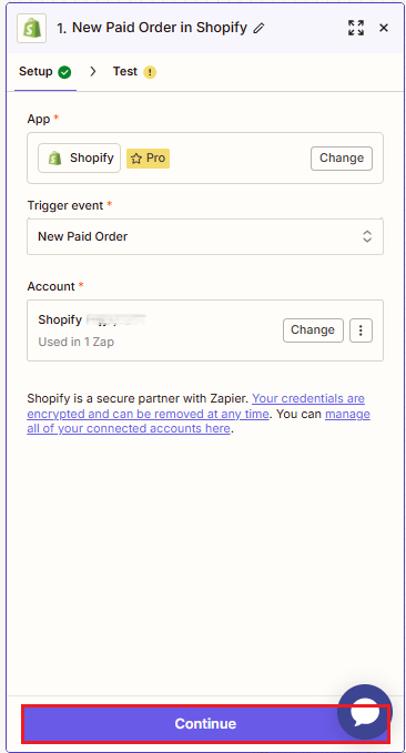 Screenshot of the completed Setup step
