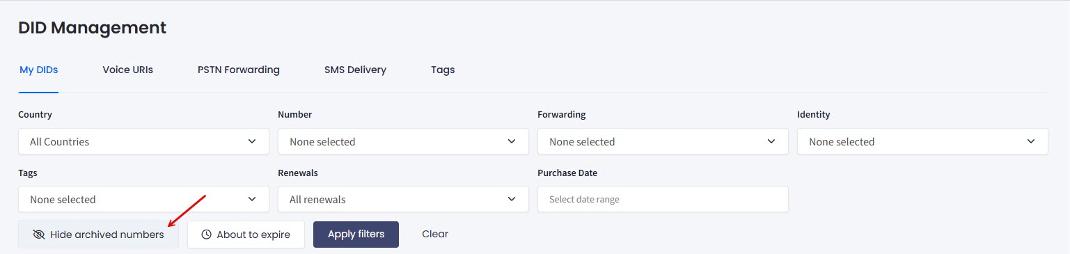 Screenshot of the Show/Hide archived numbers button