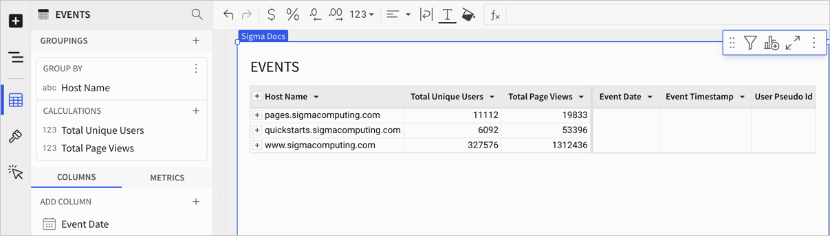 Collapsed grouped table showing only the grouped data. Other columns are still visible as headers but without values for the rows.