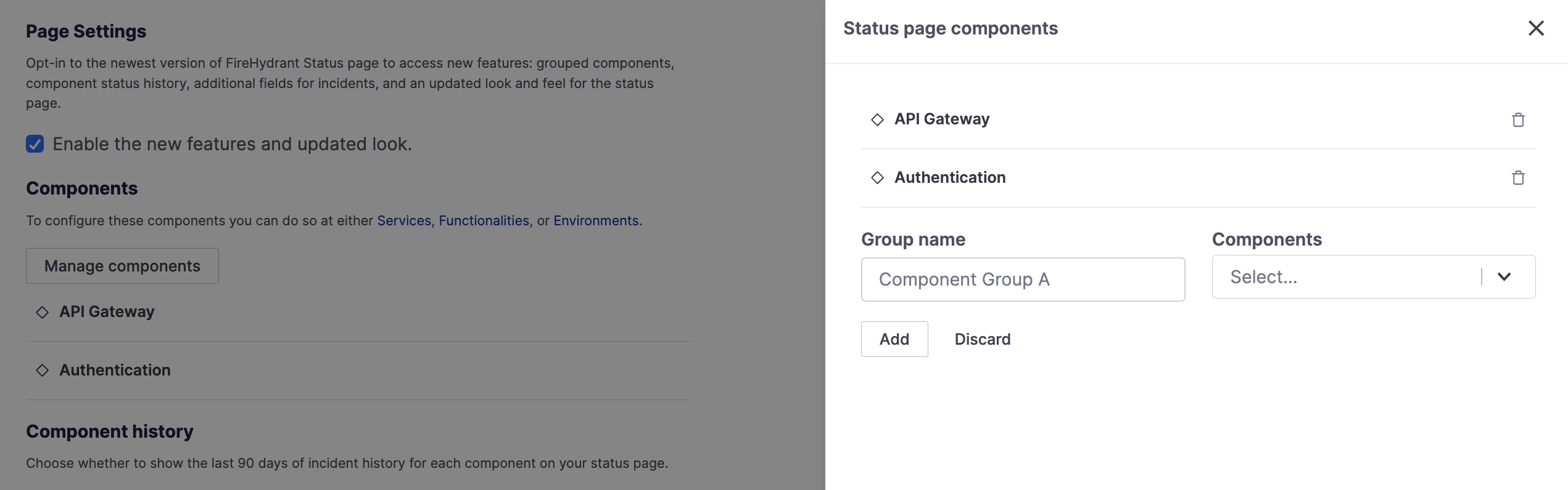Configuring component groups for status pages