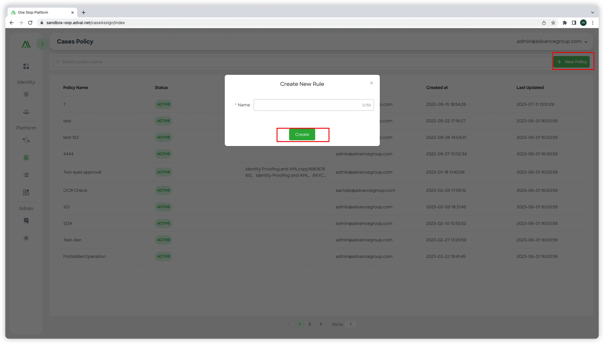 Figure 2 - Pop-up Window of Creating a New Policy