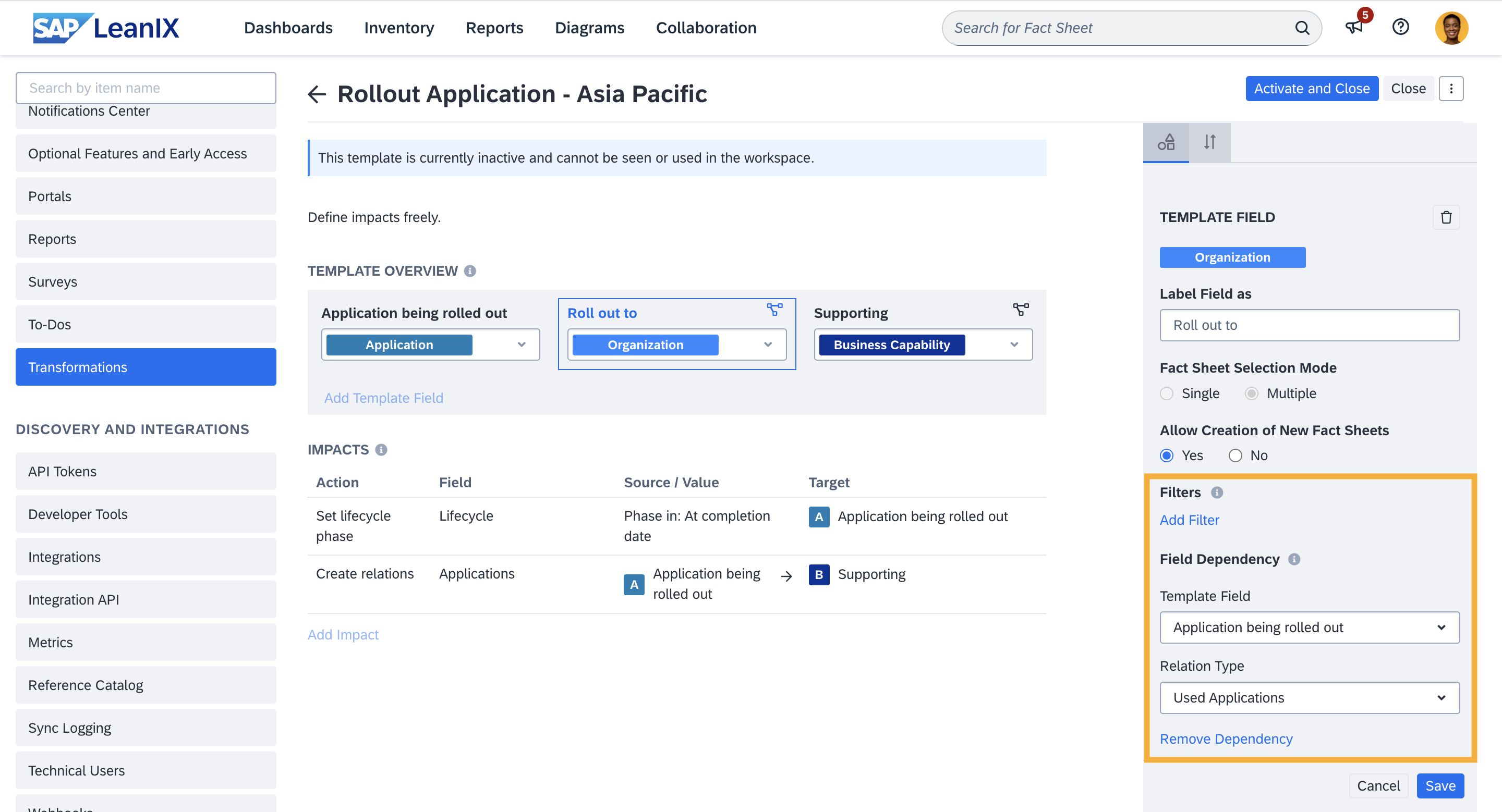 Predefining the Scope of Available Fact Sheets Using Filters and Field Dependency Settings