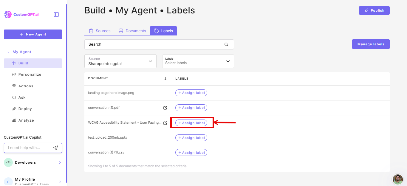 Assign label button on the labels tab