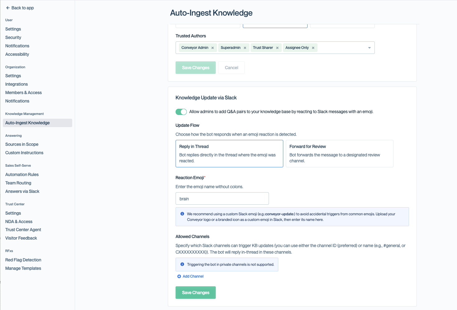 The Knowledge Update via Slack card with the toggle enabled, showing the Update Flow options Reply in Thread and Forward for Review, the Reaction Emoji field containing the value brain, and the Allowed Channels section with an Add Channel link.
