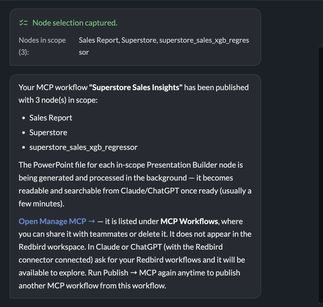 The confirmation: the MCP workflow's name, the nodes in scope, and a link to Manage MCP