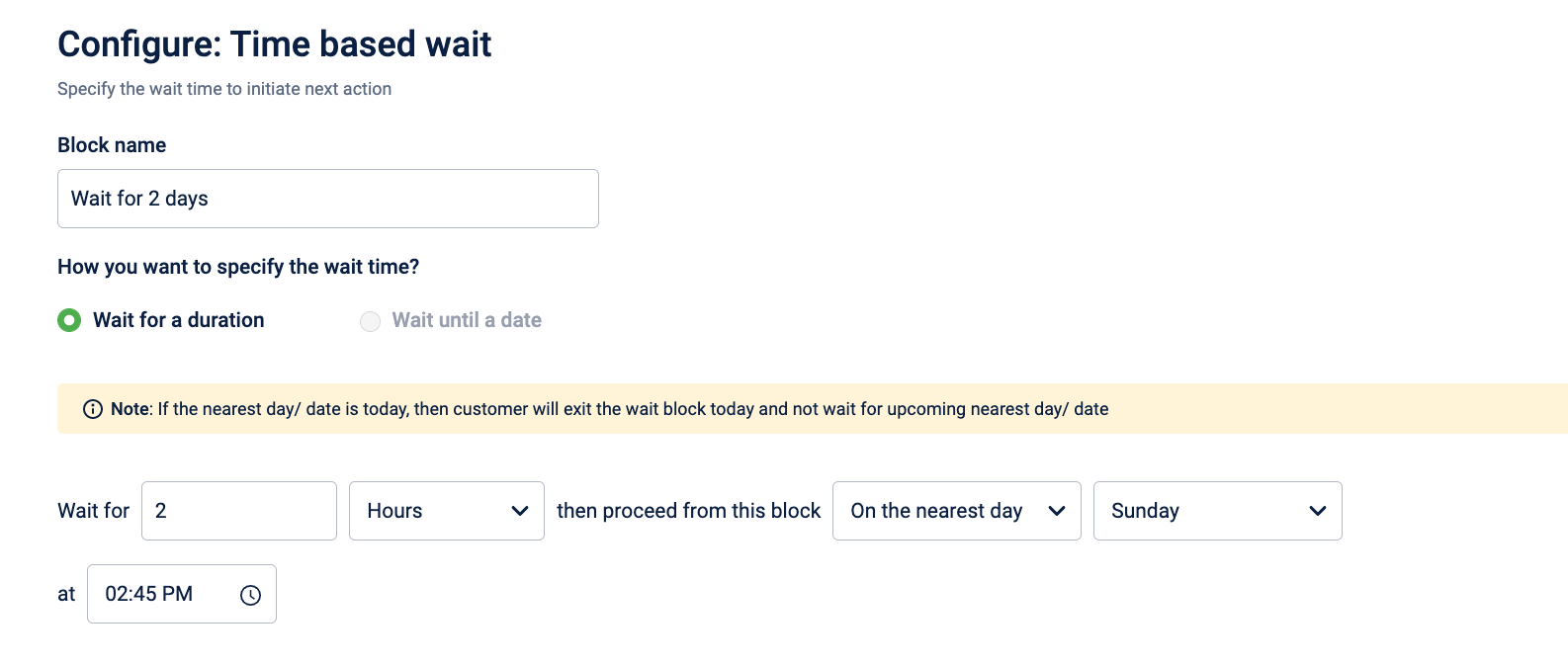How to configure “Wait for a duration” on Product UI