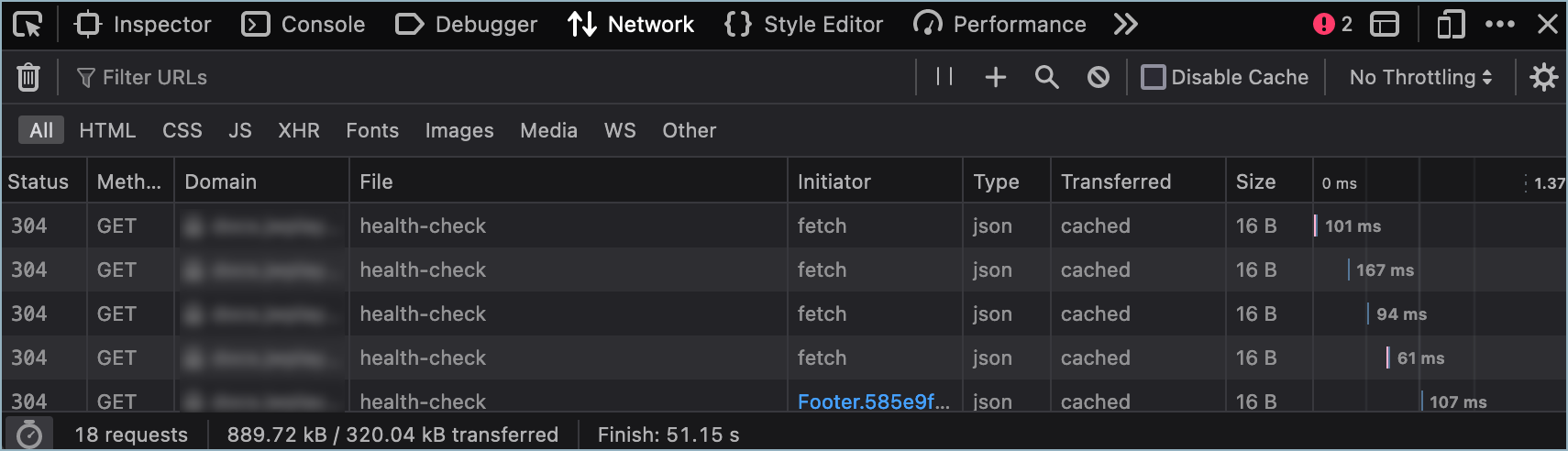 Network tab in Developer Tools panel