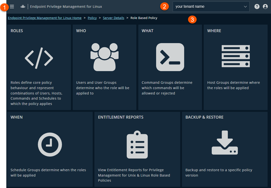 The Role Based Policy page in EPM for Linux