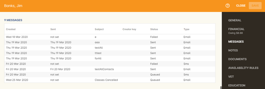 A contact record showing the delivery status of the contacts messages