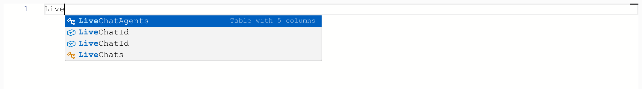 As you type, the editor suggests matching tables and columns from the schema — with the proper casing.