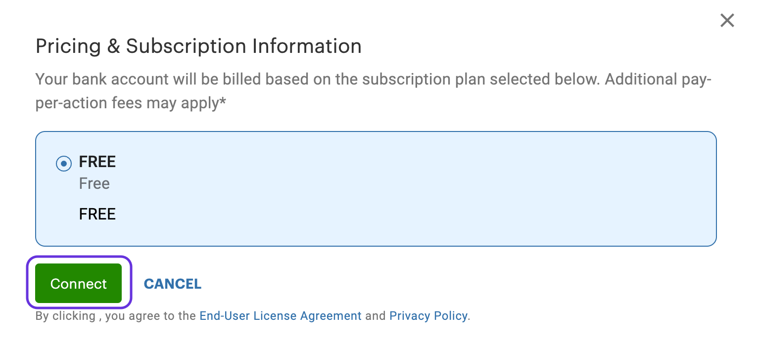 Pricing & Subscription Information pop-up