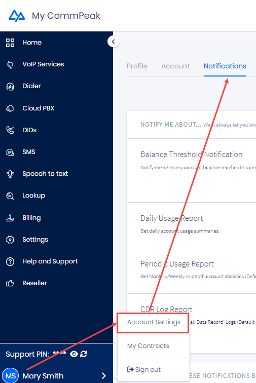 Screenshot of the account notification settings