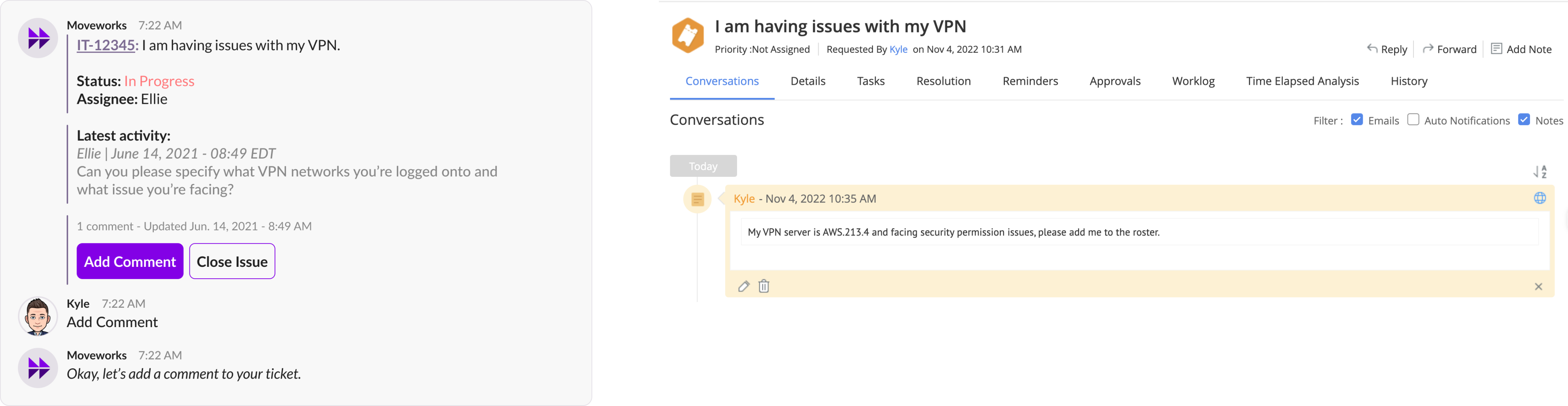 End-employee chat experience & respective Manage Engine portal update (automated)
