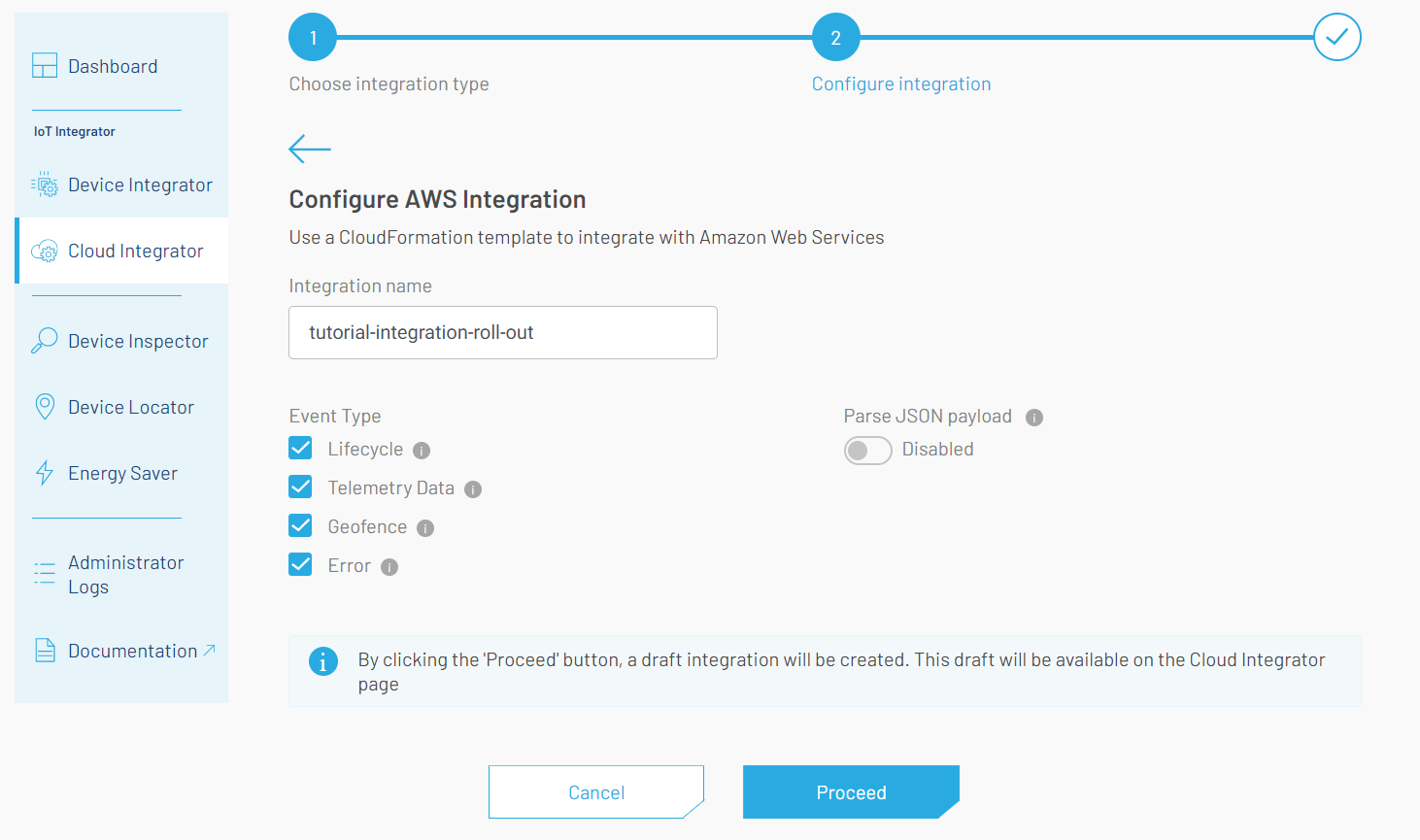 Configuration of an AWS Integration in the 1NCE portal