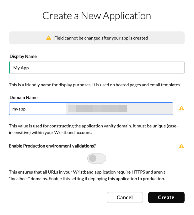 Create Application Modal in Wristband
