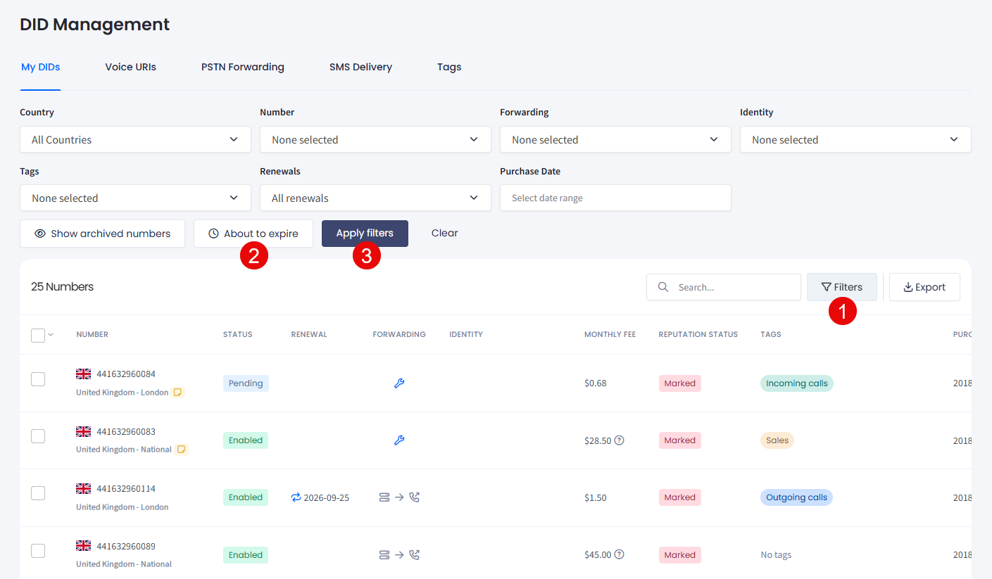 Screenshot with the bulk management options
