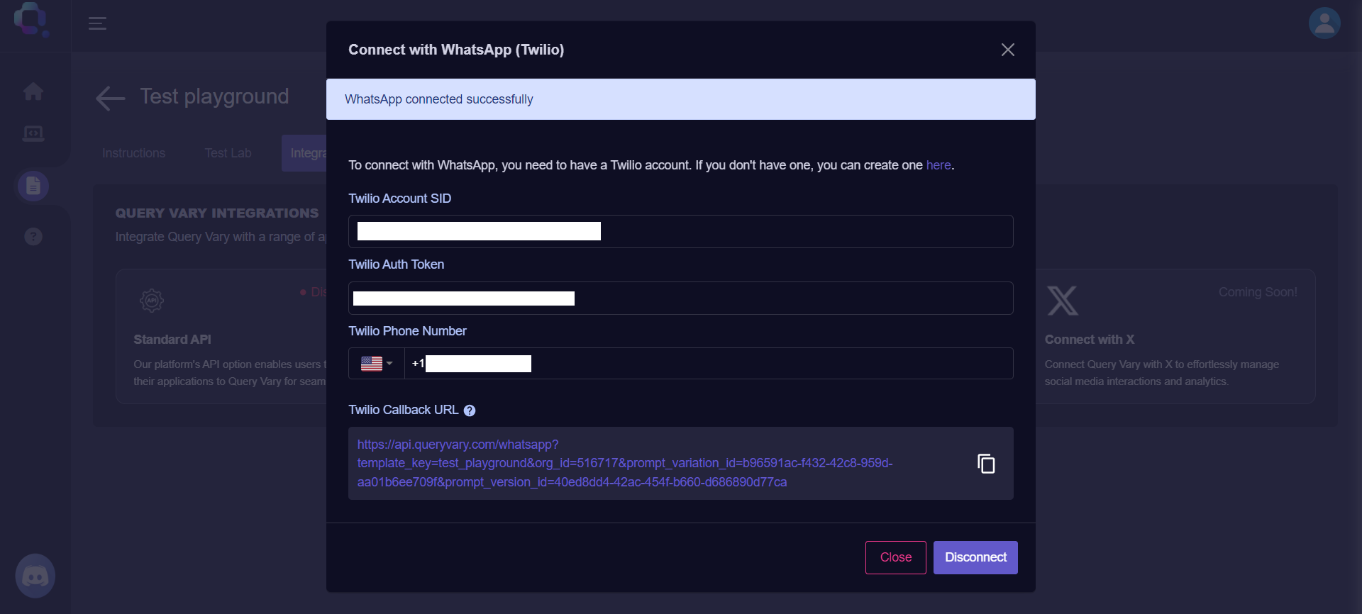 Query Vary - Whatsapp Integration Screen (Connected)

