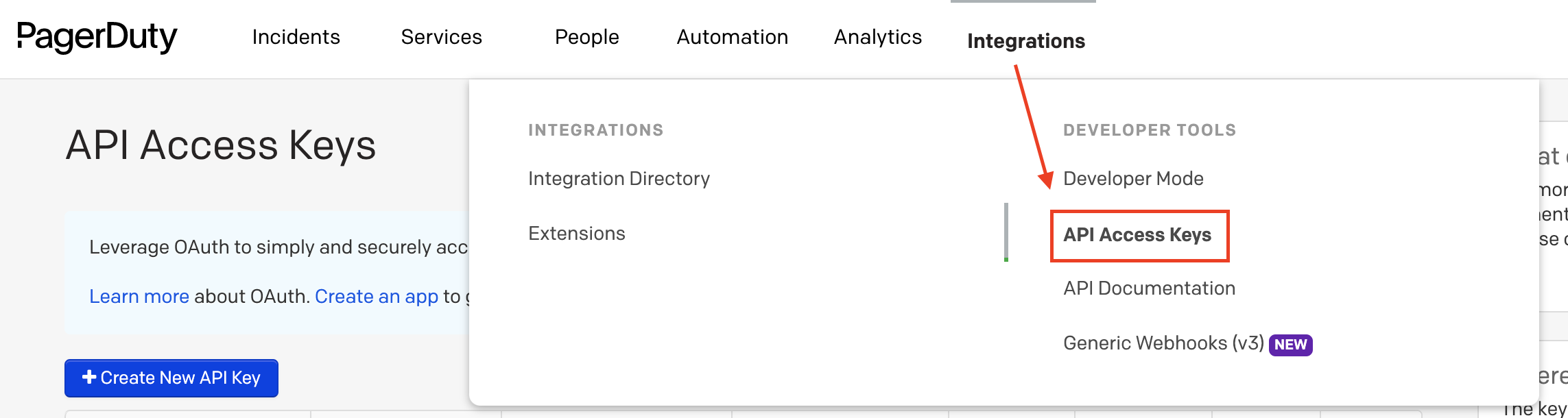 API Access Keys menu item in PagerDuty