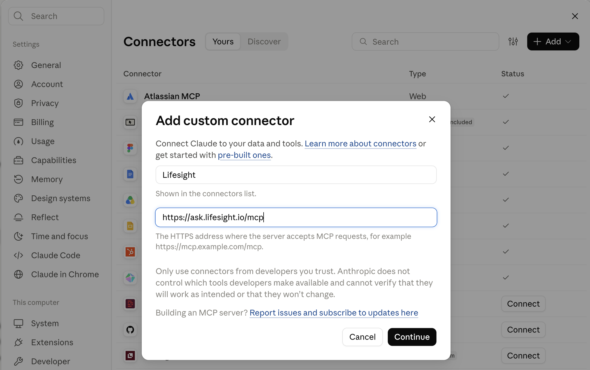 Add custom connector dialog in Claude with the Lifesight Connector URL