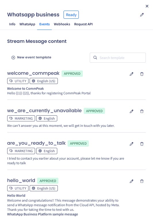 Screenshot of the Events tab