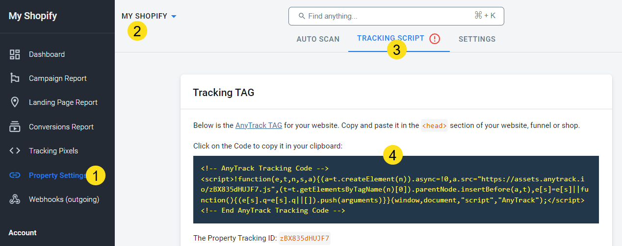 Find the AnyTrack Tag in the Property Settings.