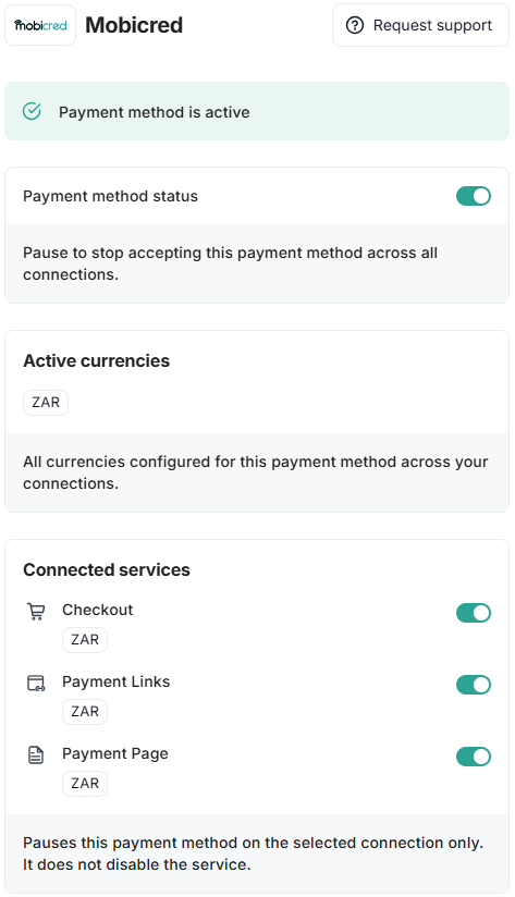 Deactivate payment methods for certain connections from the details panel.