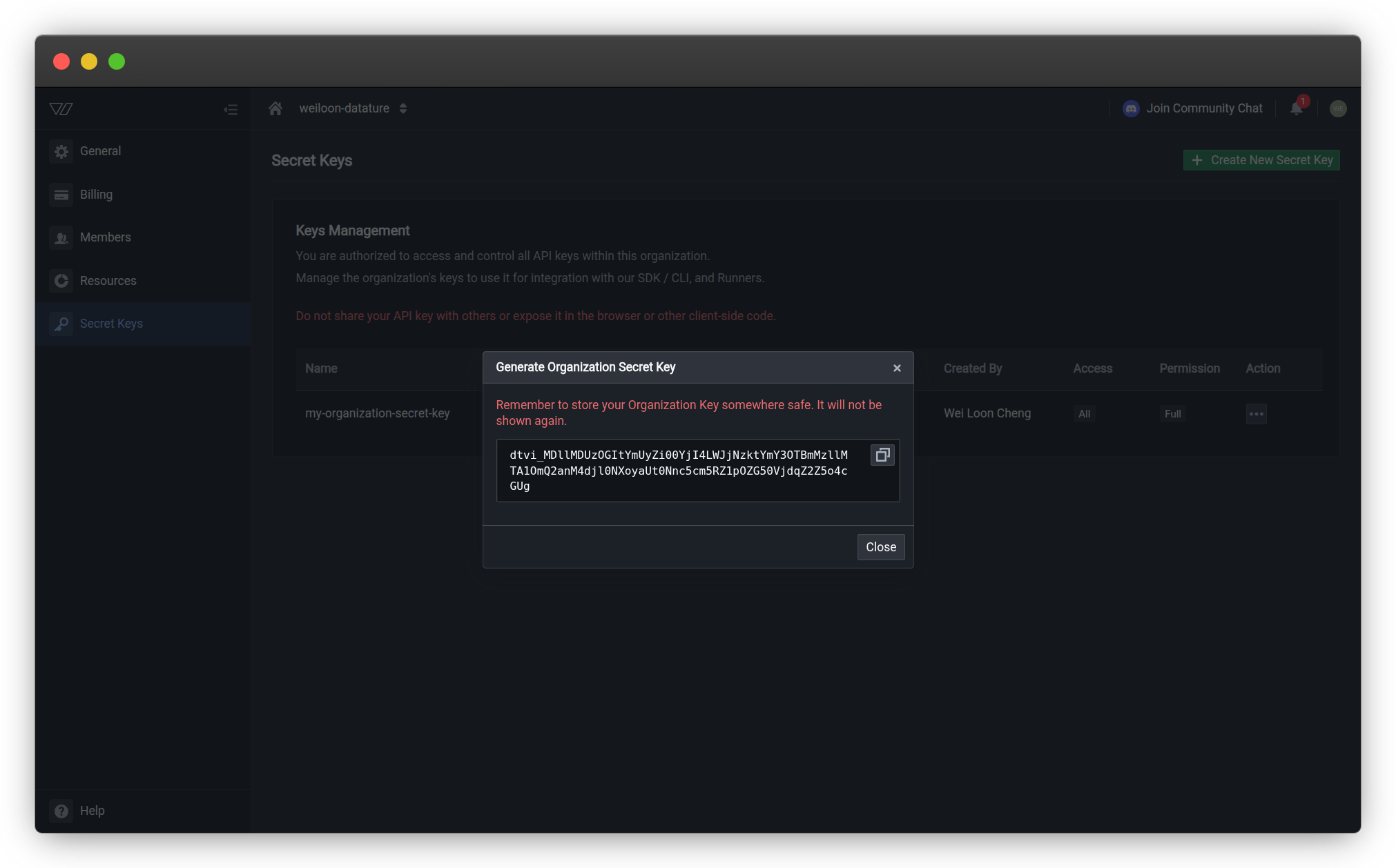 Generated secret key display with copy option