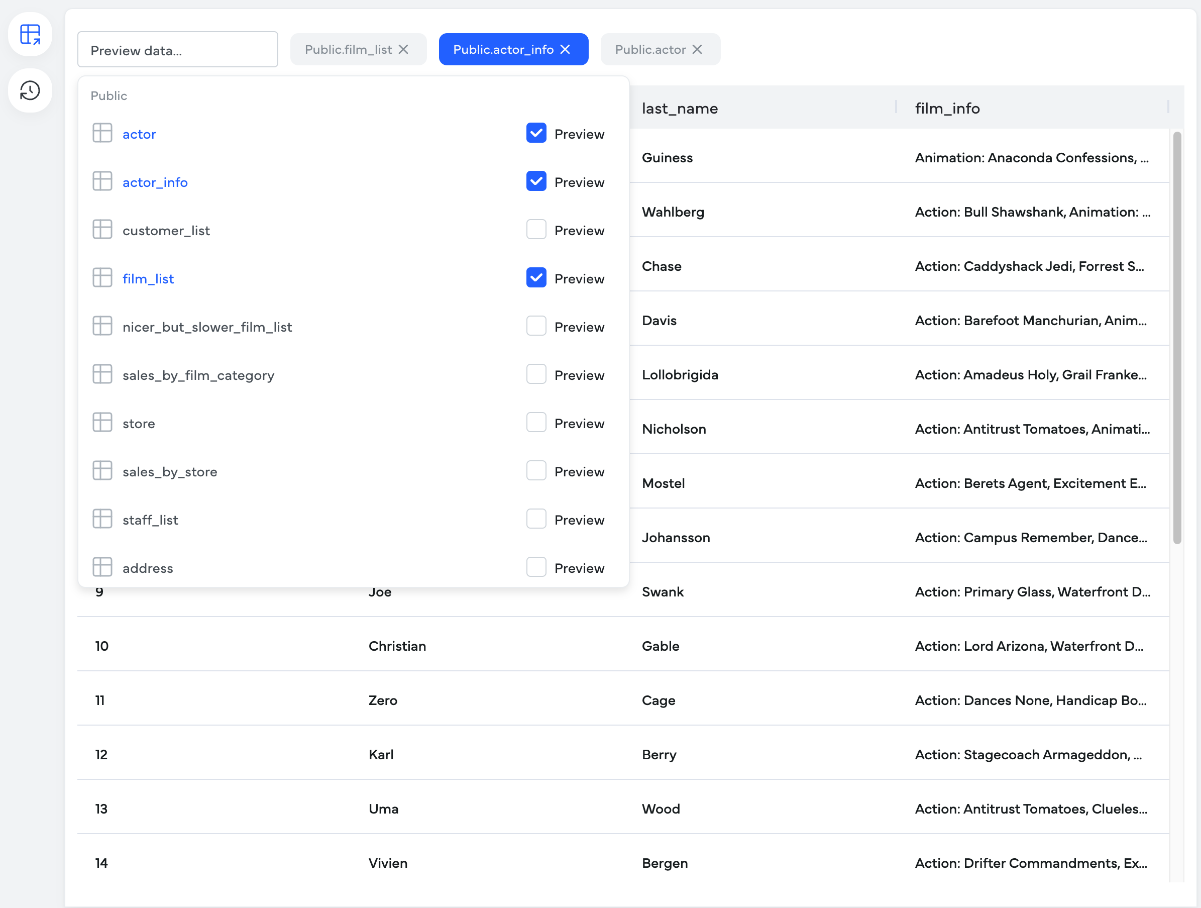 Preview your dataset (one table) from the Menu panel if querying on a database