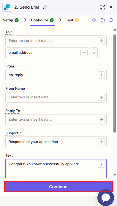 Screenshot of the Send Email in SendGrid event dialog: **Configure** tab