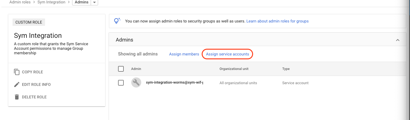 Select "Assign service accounts" to assign the role to the service account created by the `gcp_connector` module