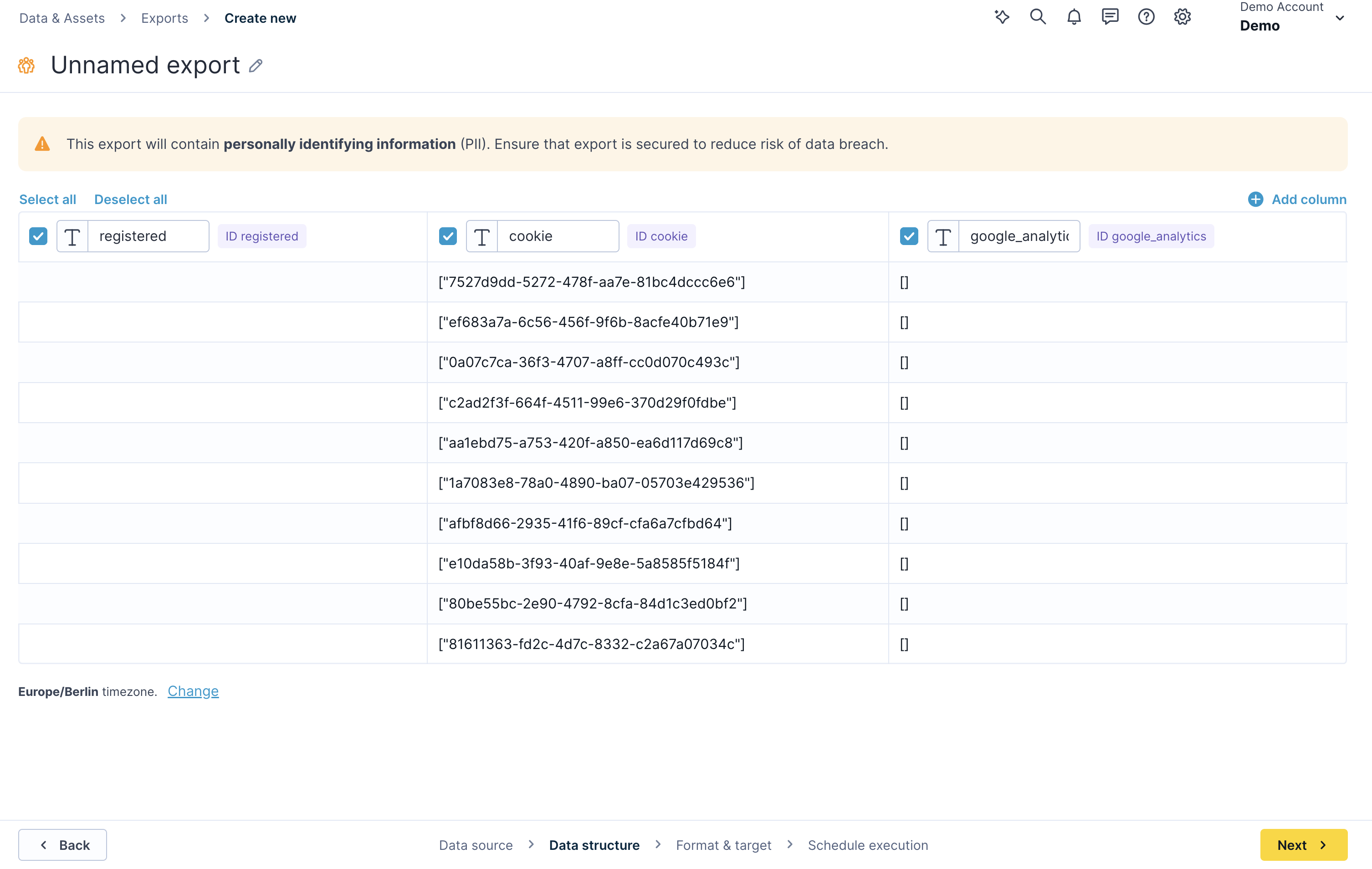 screenshot of the data structure configuration screen showing field selection and naming