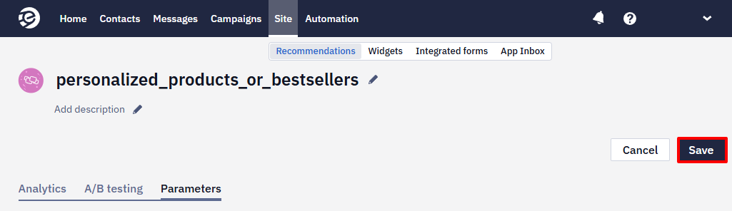 Recommendation parameters page with the Save button highlighted
