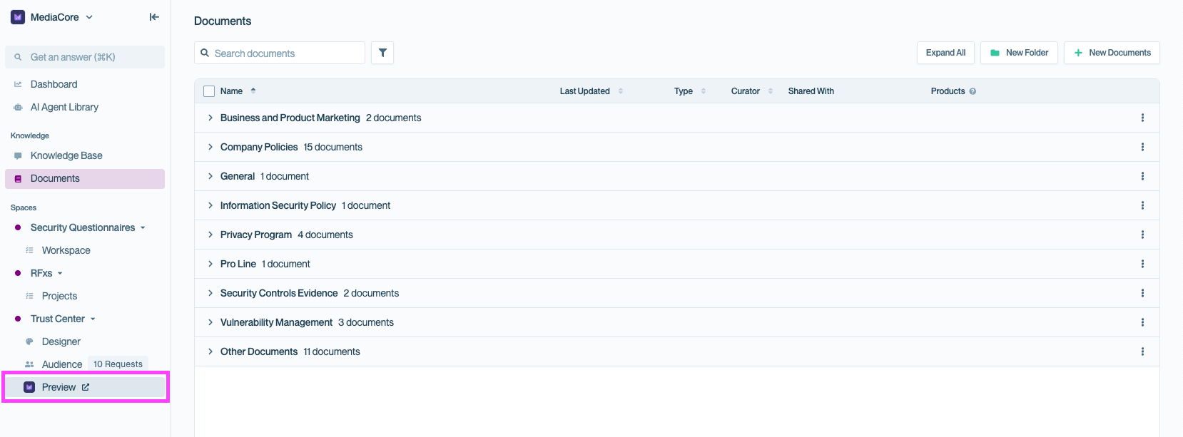 The Documents page in Conveyor with the “Preview” button highlighted in the left navigation. The button opens a preview of the Trust Center so you can see how your page will look while building.