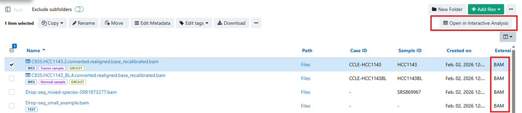 Selected BAM file has an interactive analysis action visible in the right-side panel.