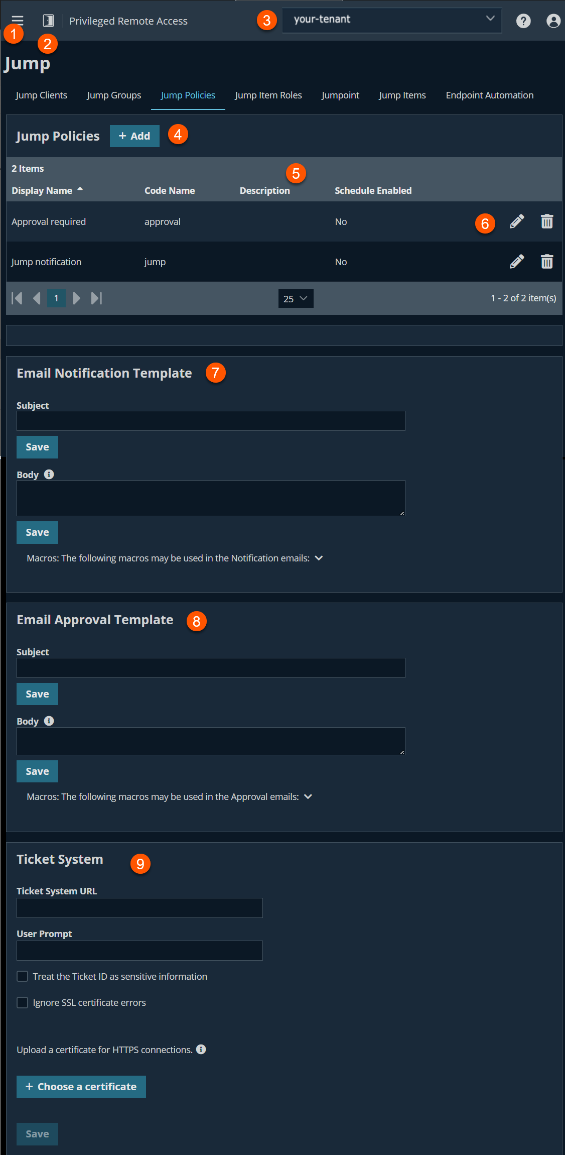 An image of the Jump Policies configuration page in a Privileged Remote Access system. It includes sections for managing jump policies, email notification templates, email approval templates, and ticket system settings