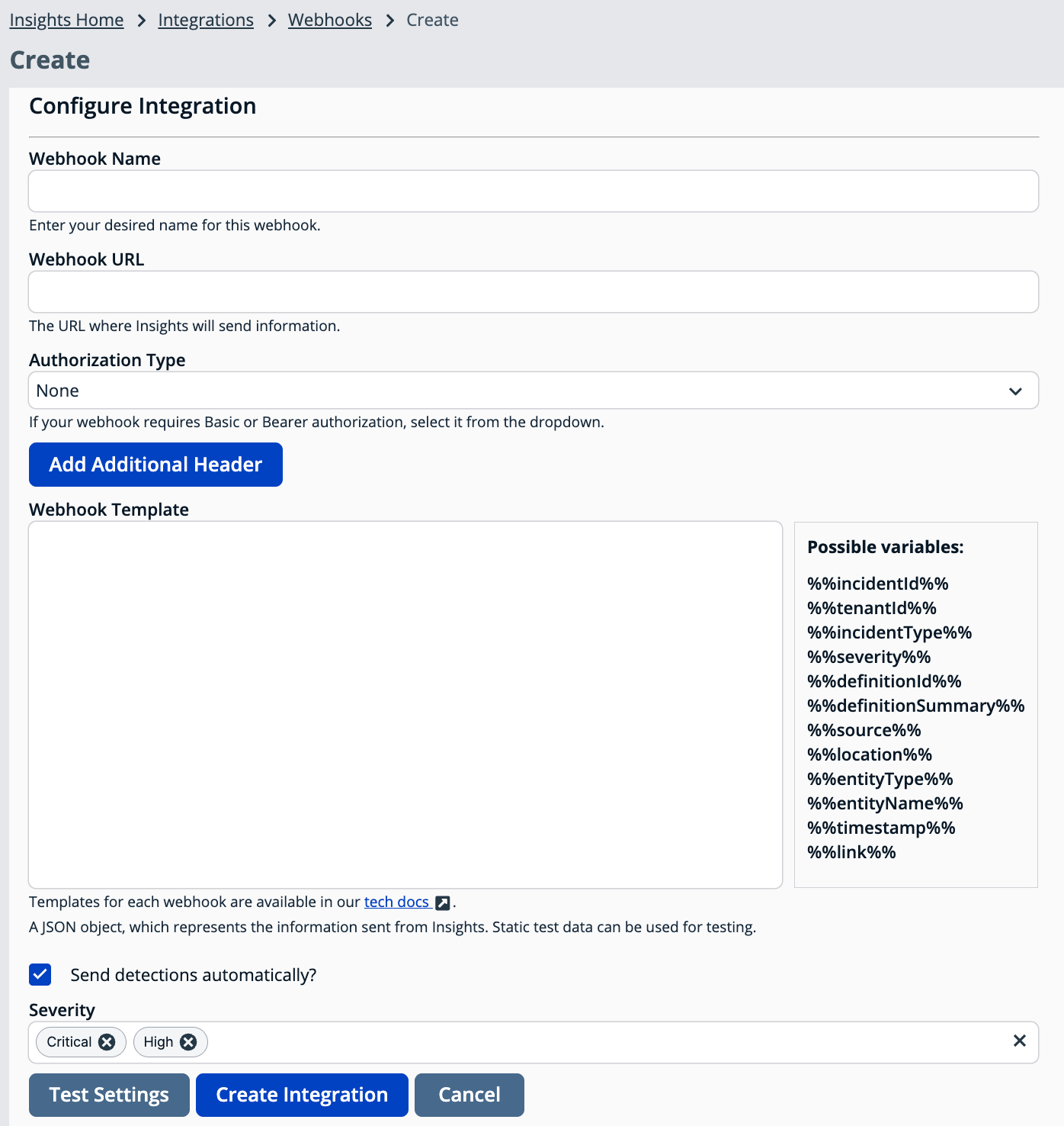 Blank Insights Create Integration form with name, URL, authorization, and template fields, and available variables