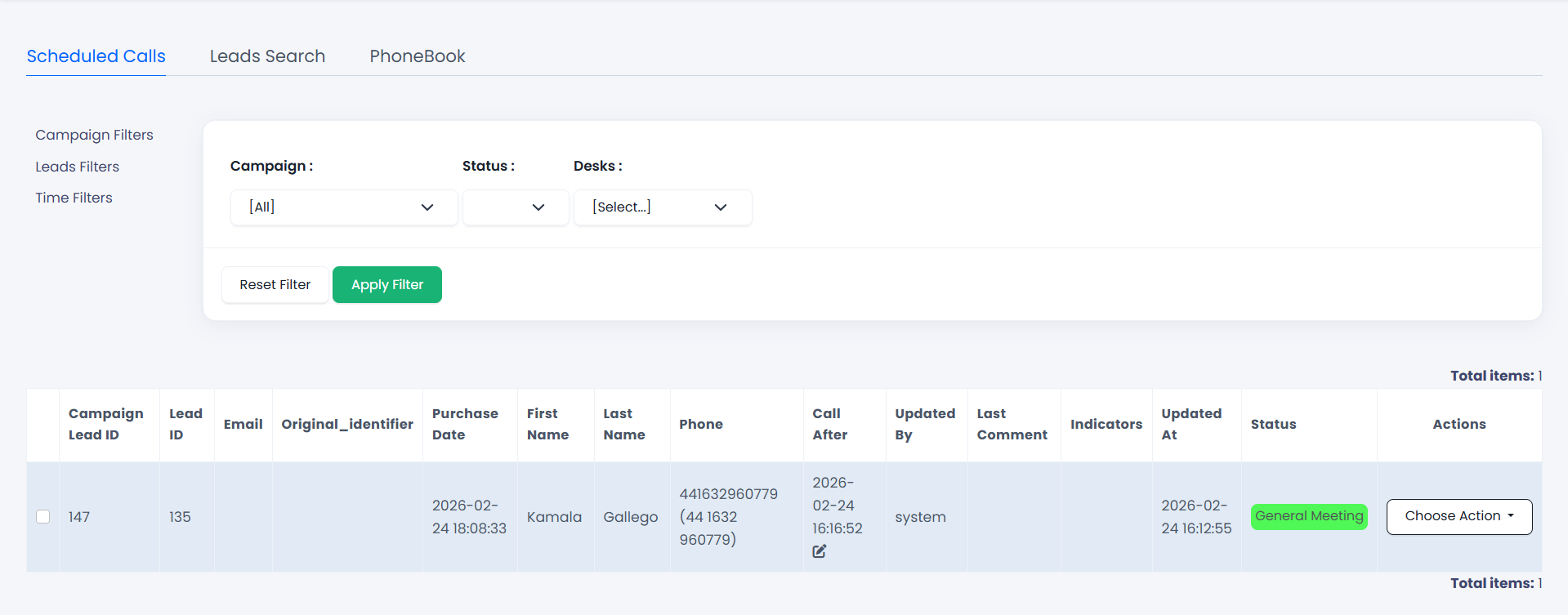Screenshot of the Scheduled Calls page