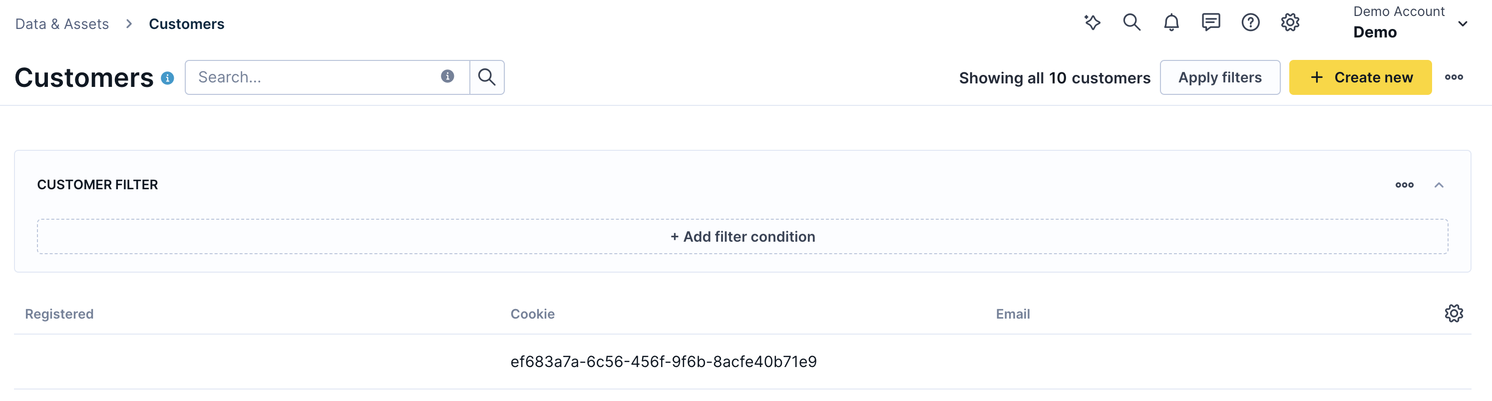 customer database list view showing the full list of profiles and the cog wheel icon in the top right
