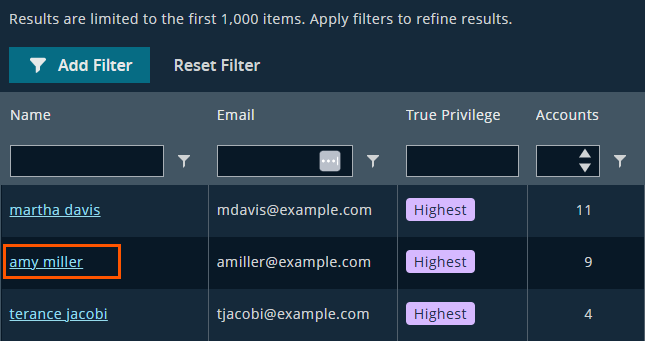 On the Insights page, a table displays user data with columns for Name, Email, True Privilege, and Accounts. The row for "amy miller" is highlighted.