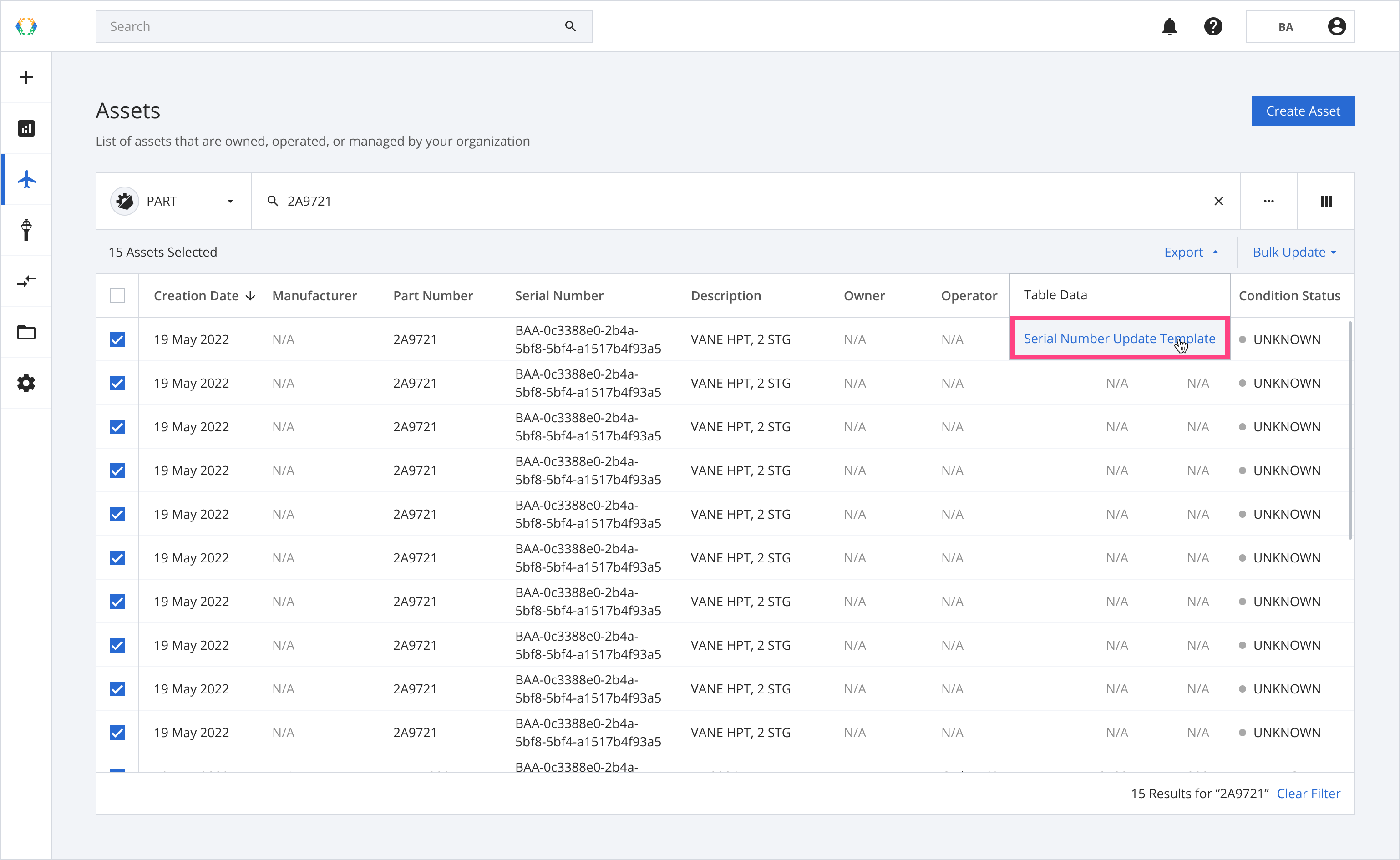 Choose the type of template to export from Asset List