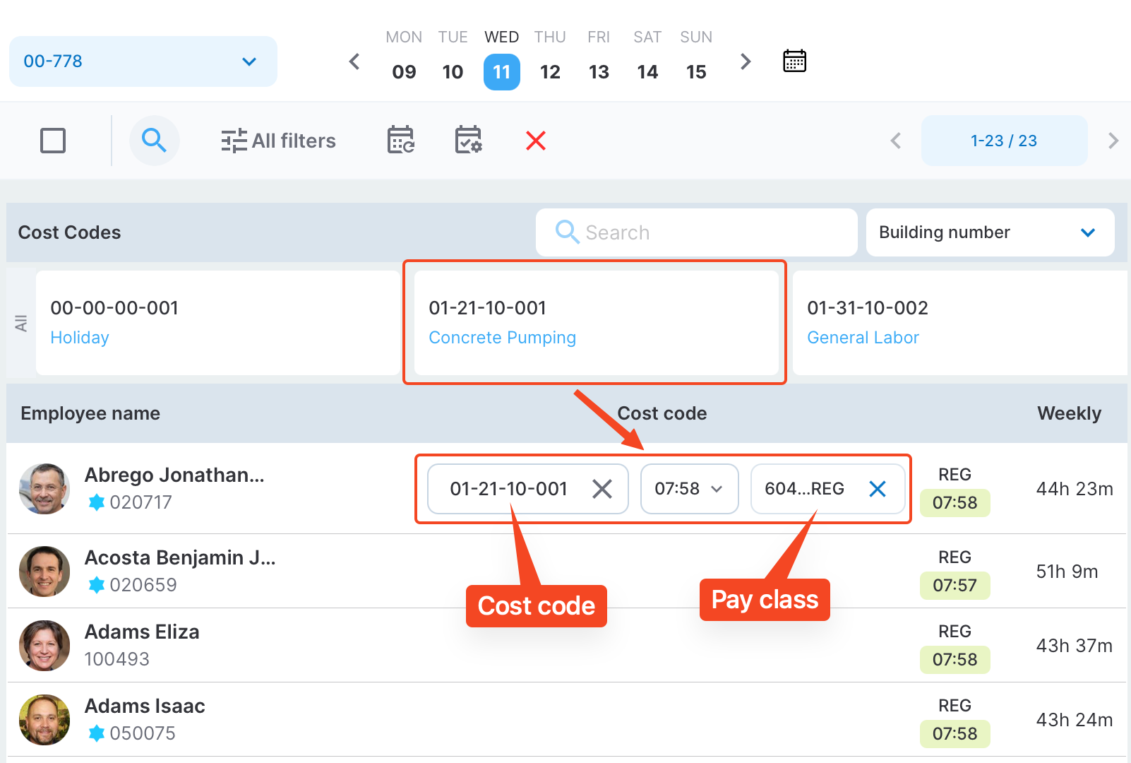 Cost code and pay class applied to a timelog