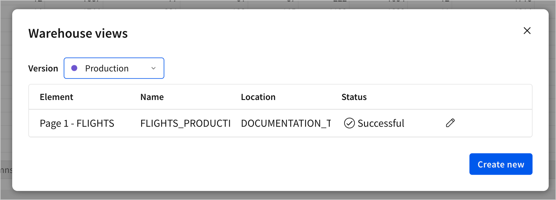 A modal shows a list of warehouse views for the current version of a document.