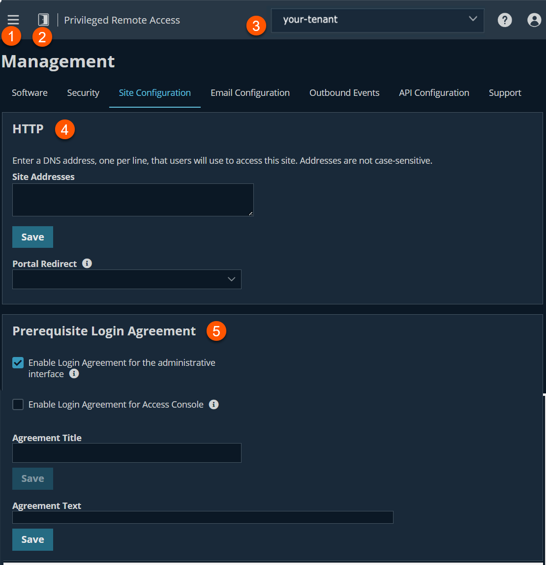 An image of the "Site Configuration" interface in a Privileged Remote Access system. It includes sections for HTTP settings—where DNS site addresses can be entered and a portal redirect option selected—and for Prerequisite Login Agreement settings, with checkboxes to enable agreements for the administrative interface and Access Console. Fields for entering an agreement title and text are also present, each with a corresponding "Save" button.